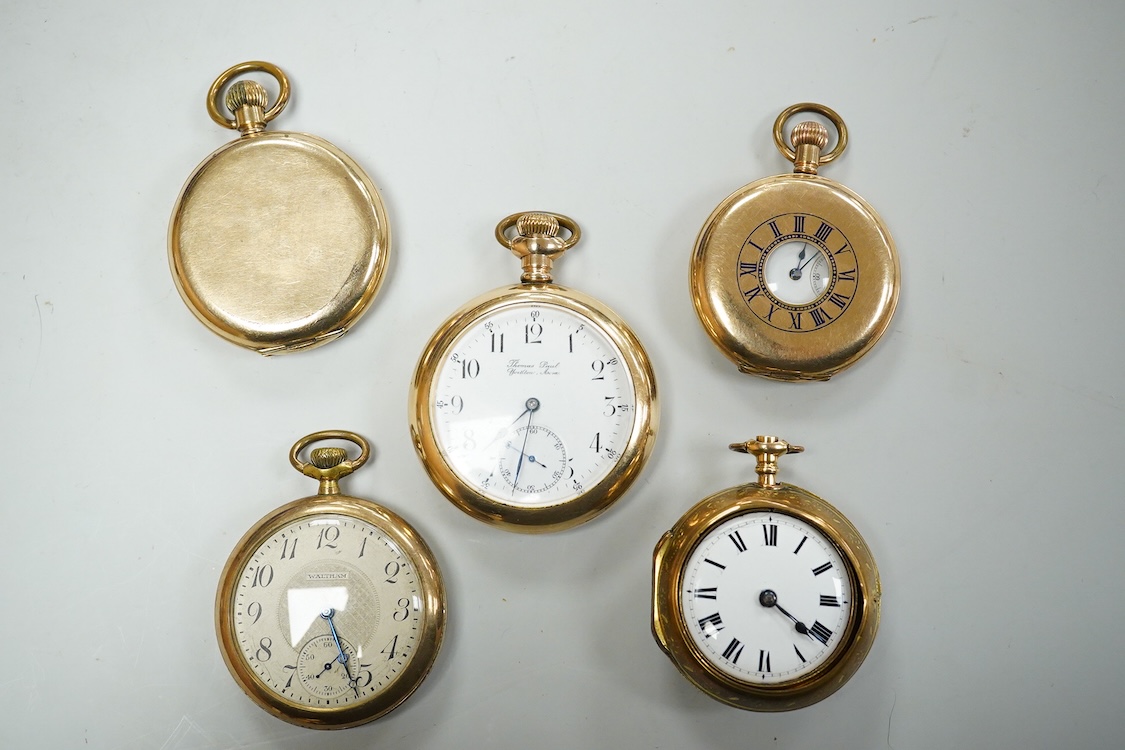 An early 19th century gilt metal pair cased keywind verge pocket watch by Matthew Derbyshire of Wakefield, with Roman dial, outer case diameter 48mm, lacking glass, together with four assorted gold plated pocket watches